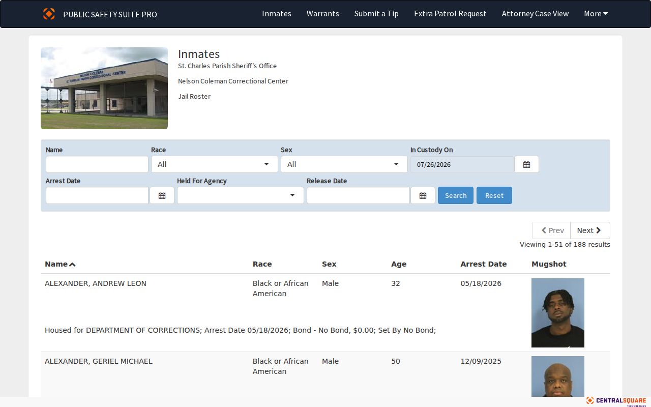St. Charles Parish live arrest custody roster interface