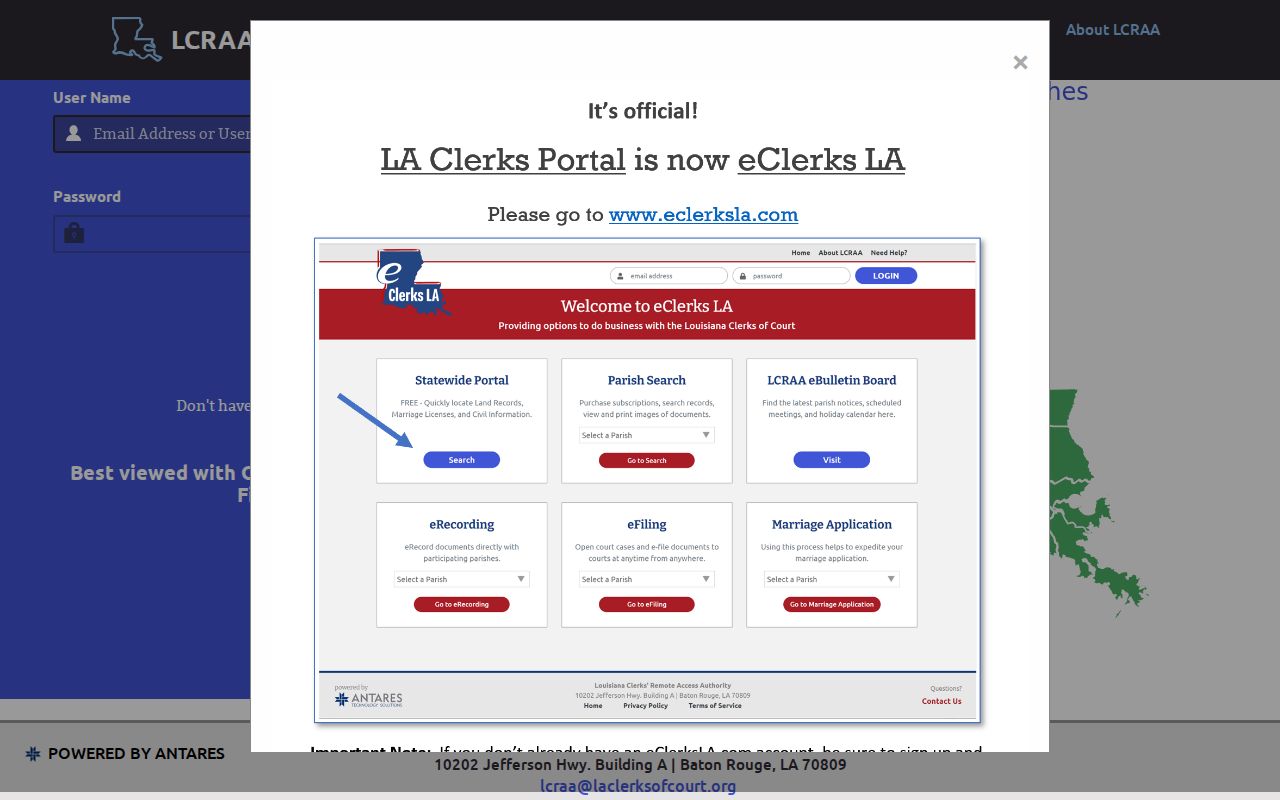 St. Charles Parish criminal court case access through the LCRAA portal
